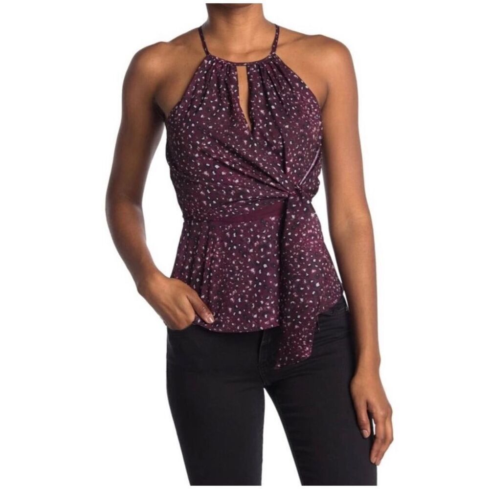 Parker Mini Cordovan Jungle Women's Purple Drape Front Keyhole Top Size Medium